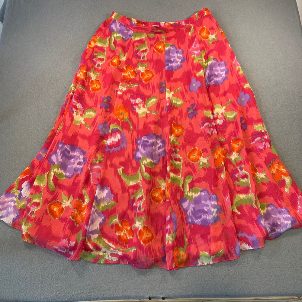 Coldwater Creek Pink Floral Ikat Maxi Skirt PlusSize 1X Chiffon Flowy Boho Skirt
